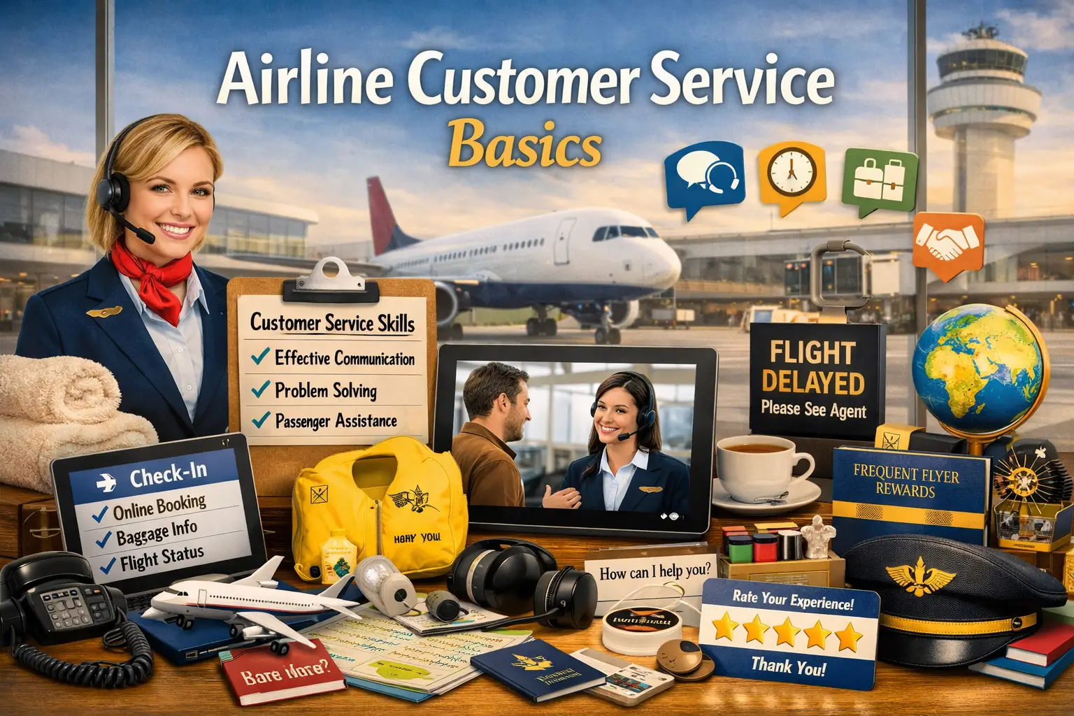Educational course image for Airline Customer Service Basics with aviation and customer service visuals