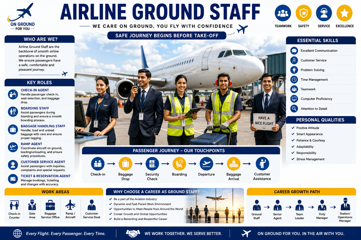 Students learning airline ground staff skills, airport operations, and passenger services