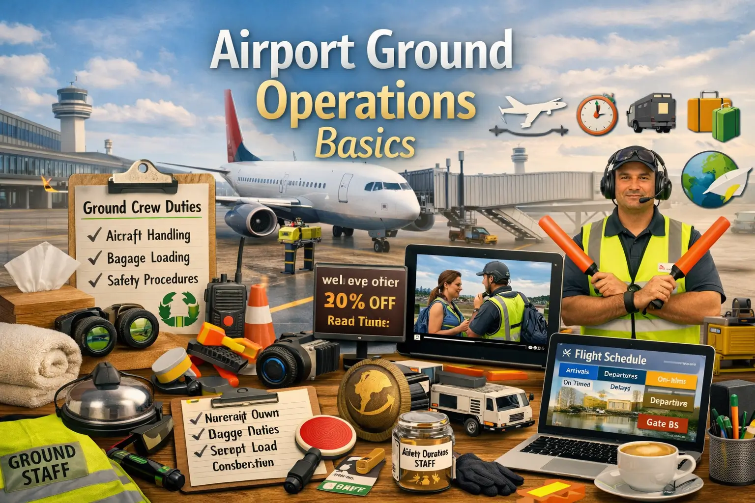 Educational course image for Airport Ground Operations Basics with airport and aviation visuals
