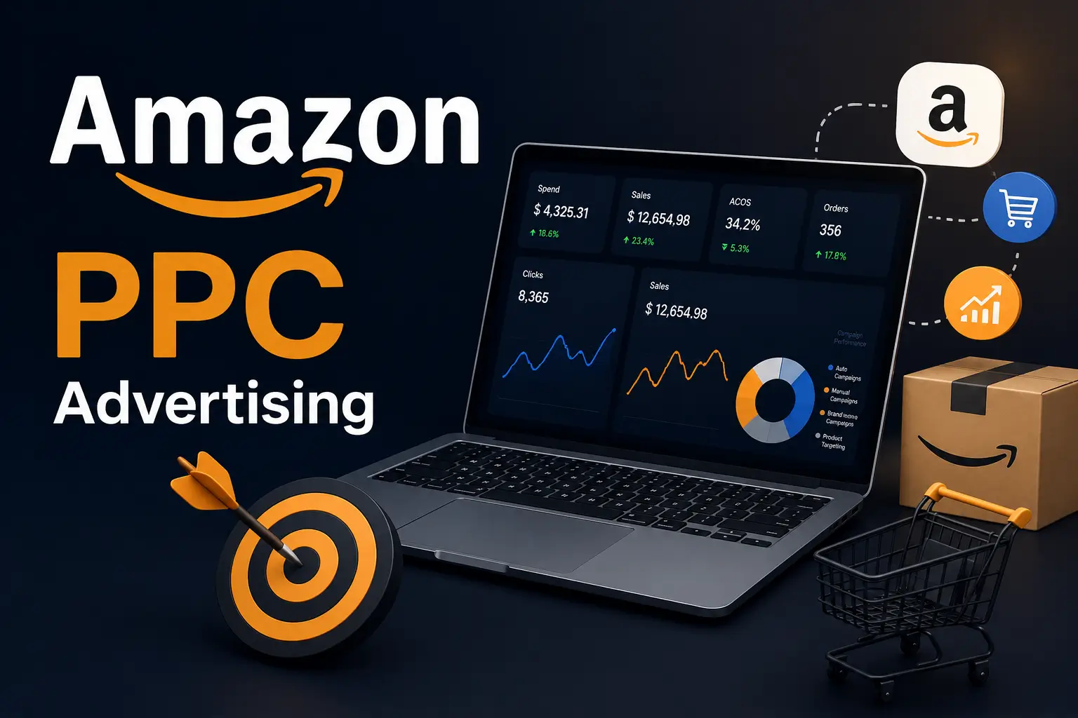 High-quality Amazon PPC Advertising banner with e-commerce and ad visuals
