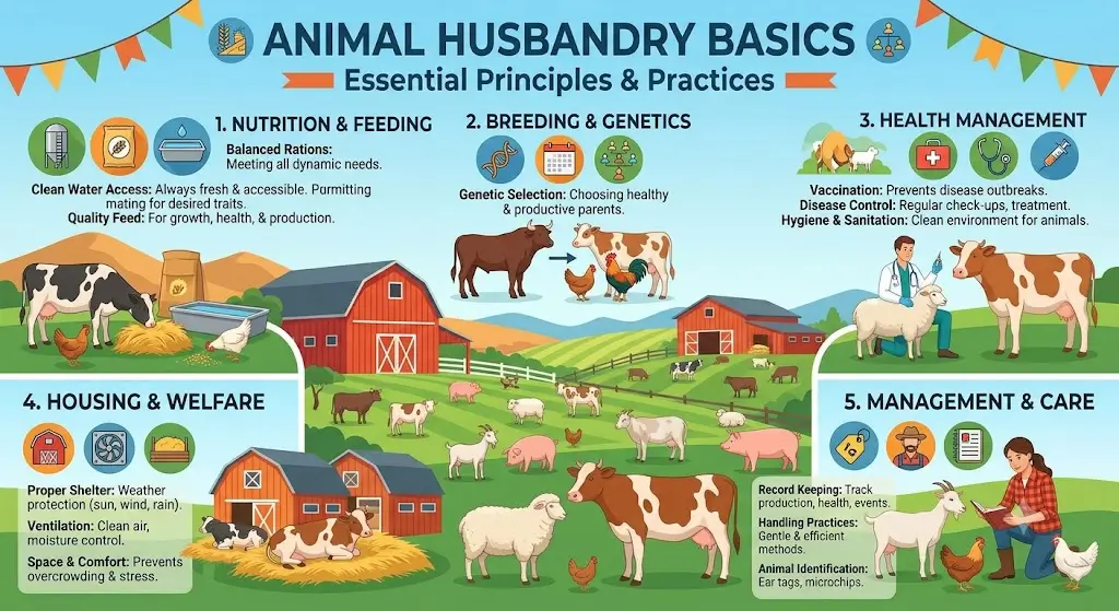 Professional animal husbandry basics course design with farm and livestock visuals