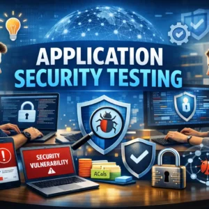 Educational banner for Application Security Testing course with cybersecurity visuals