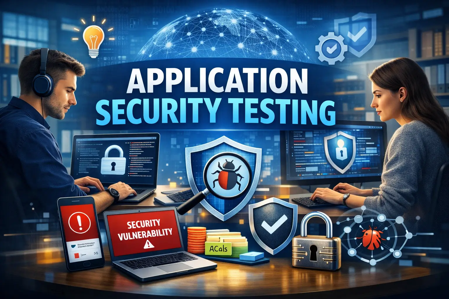 Educational banner for Application Security Testing course with cybersecurity visuals