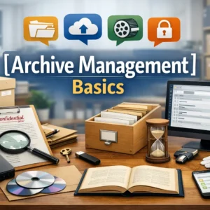 Educational banner for Archive Management Basics course with archive tools and visuals