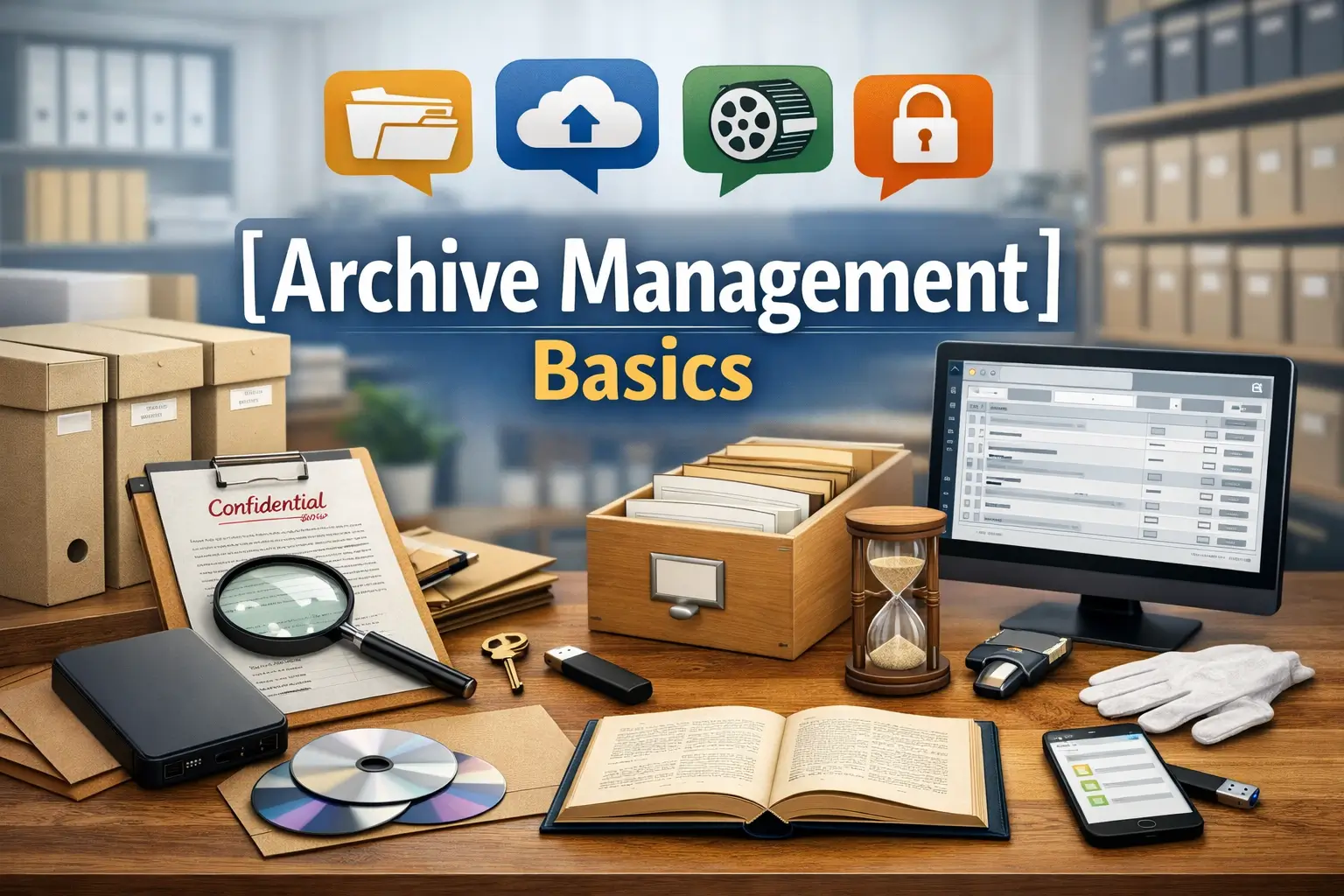 Educational banner for Archive Management Basics course with archive tools and visuals