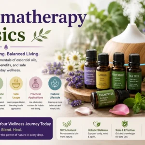 Educational banner for Aromatherapy Basics course with essential oils and wellness visuals