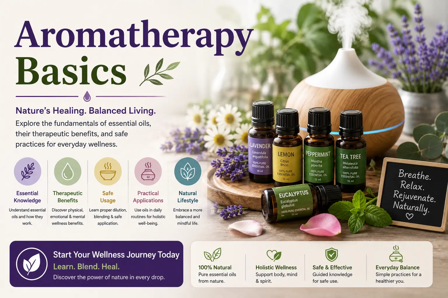 Educational banner for Aromatherapy Basics course with essential oils and wellness visuals