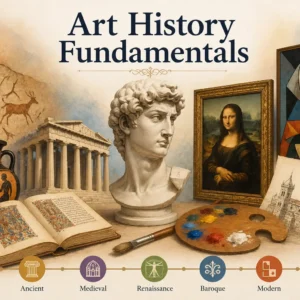 Art History Fundamentals course banner showing classical sculptures, paintings, and modern art elements
