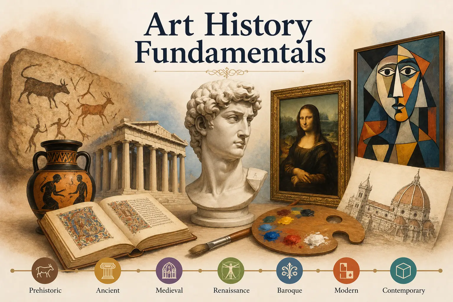 Art History Fundamentals course banner showing classical sculptures, paintings, and modern art elements