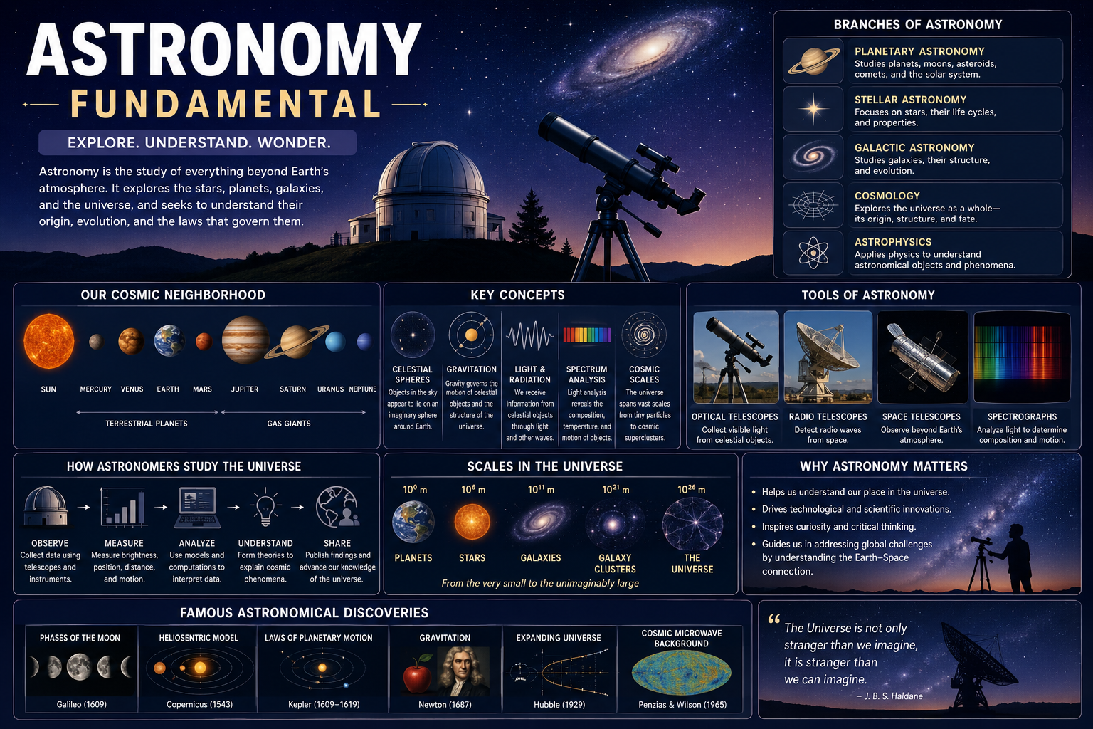 Astronomy Fundamentals Course covering stars, planets, galaxies, and space science