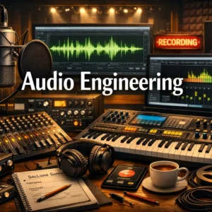 Audio Engineering course image with mixing console, headphones, and studio setup
