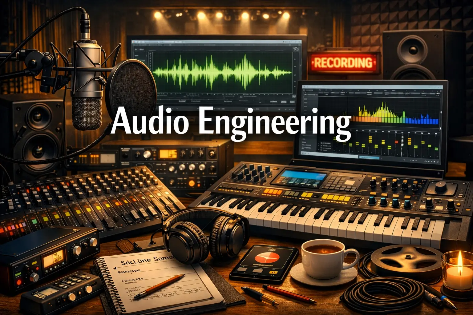Audio Engineering course image with mixing console, headphones, and studio setup