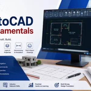 Professional AutoCAD Fundamentals course image with drafting and 3D design visuals