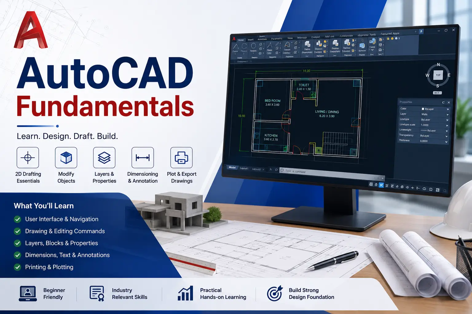 Professional AutoCAD Fundamentals course image with drafting and 3D design visuals