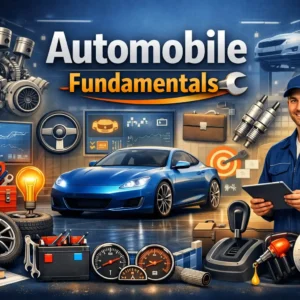 Automobile Fundamentals course image showing car engine, tools, and mechanic visuals