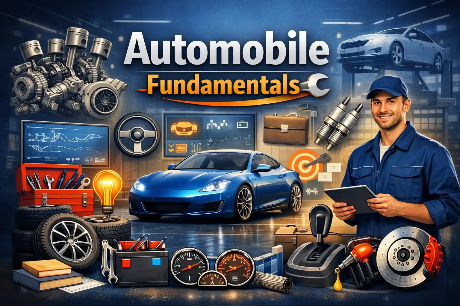 Automobile Fundamentals course image showing car engine, tools, and mechanic visuals