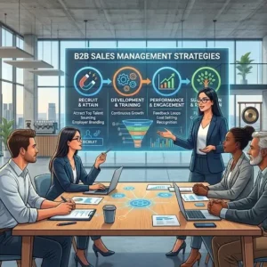 B2B Sales Management course banner showing professionals engaged in client strategy and sales planning.