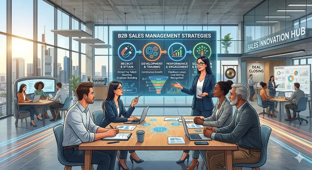 B2B Sales Management course banner showing professionals engaged in client strategy and sales planning.