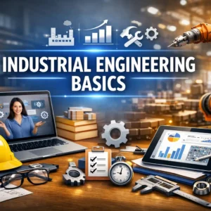 Professional e-learning image showing Industrial Engineering Basics tools and visuals