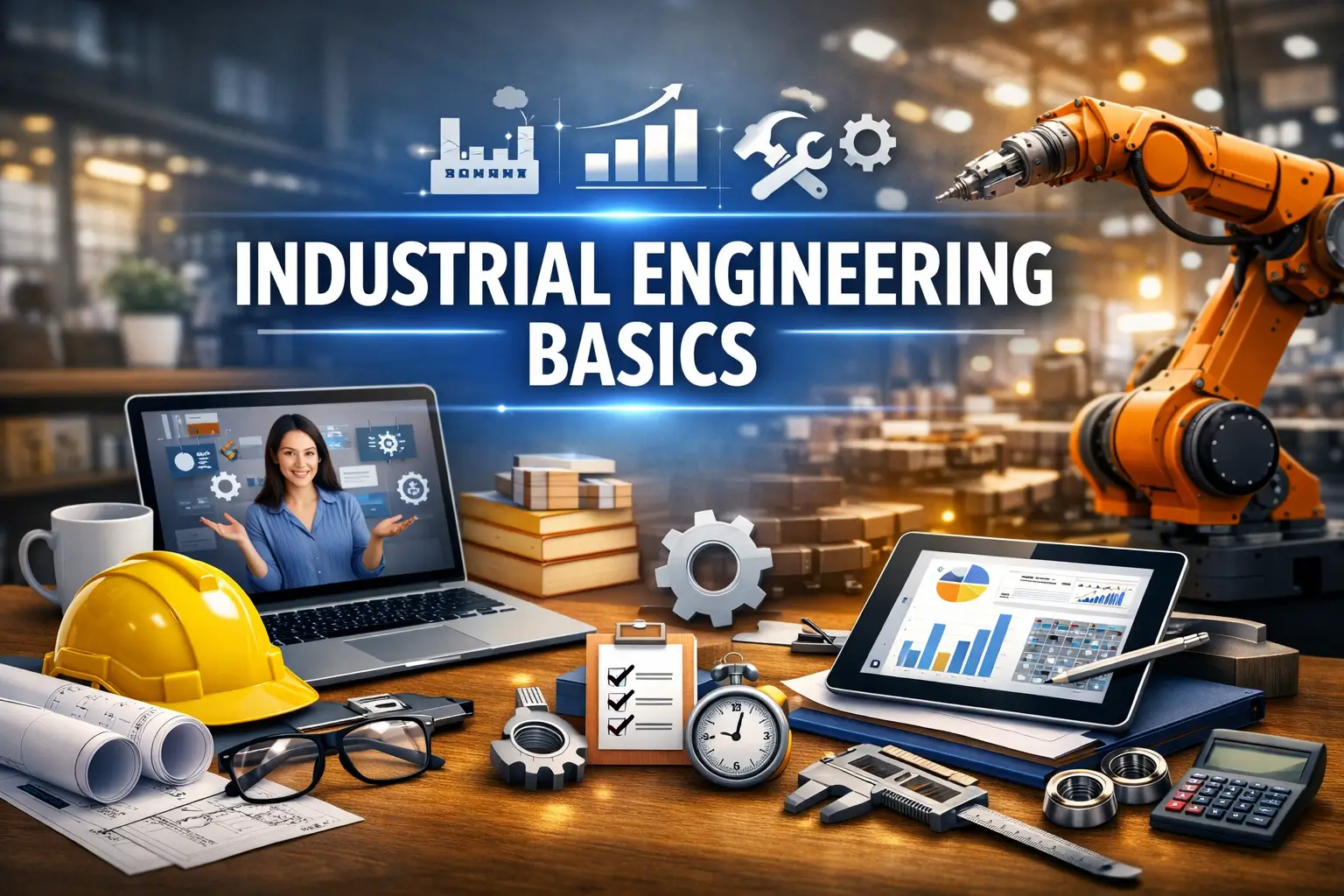 Professional e-learning image showing Industrial Engineering Basics tools and visuals
