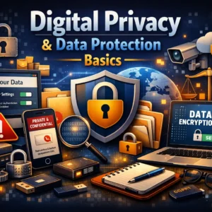 Digital Privacy & Data Protection Basics course visual with cybersecurity and data protection elements