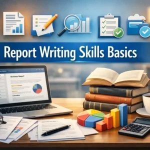 High-quality educational course image showing Report Writing Skills Basics with business report visuals.