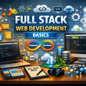Educational banner for Full Stack Web Development Basics course with coding visuals