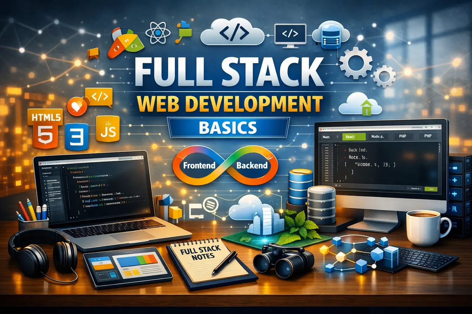 Educational banner for Full Stack Web Development Basics course with coding visuals