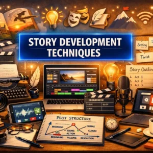 High-quality educational course image featuring Story Development Techniques with modern visuals