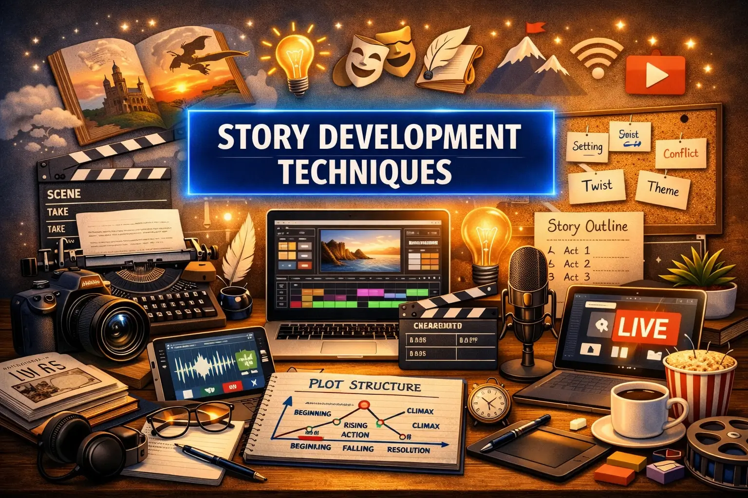 High-quality educational course image featuring Story Development Techniques with modern visuals