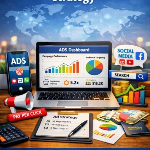 Laptop showing ads dashboard, smartphone with PPC icons, and marketing charts