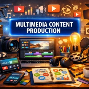 High-quality educational course image featuring Multimedia Content Production with modern visuals