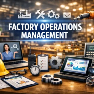 Professional e-learning image showing Factory Operations Management tools and visuals