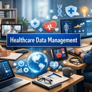 Modern educational banner for Healthcare Data Management showing medical data and professionals