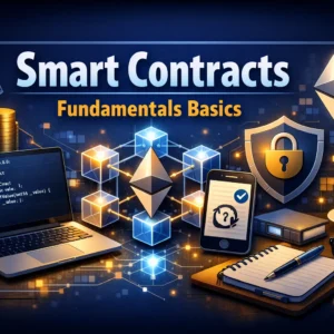 Smart Contracts Fundamentals Basics course image with blockchain, Ethereum, and coding visuals