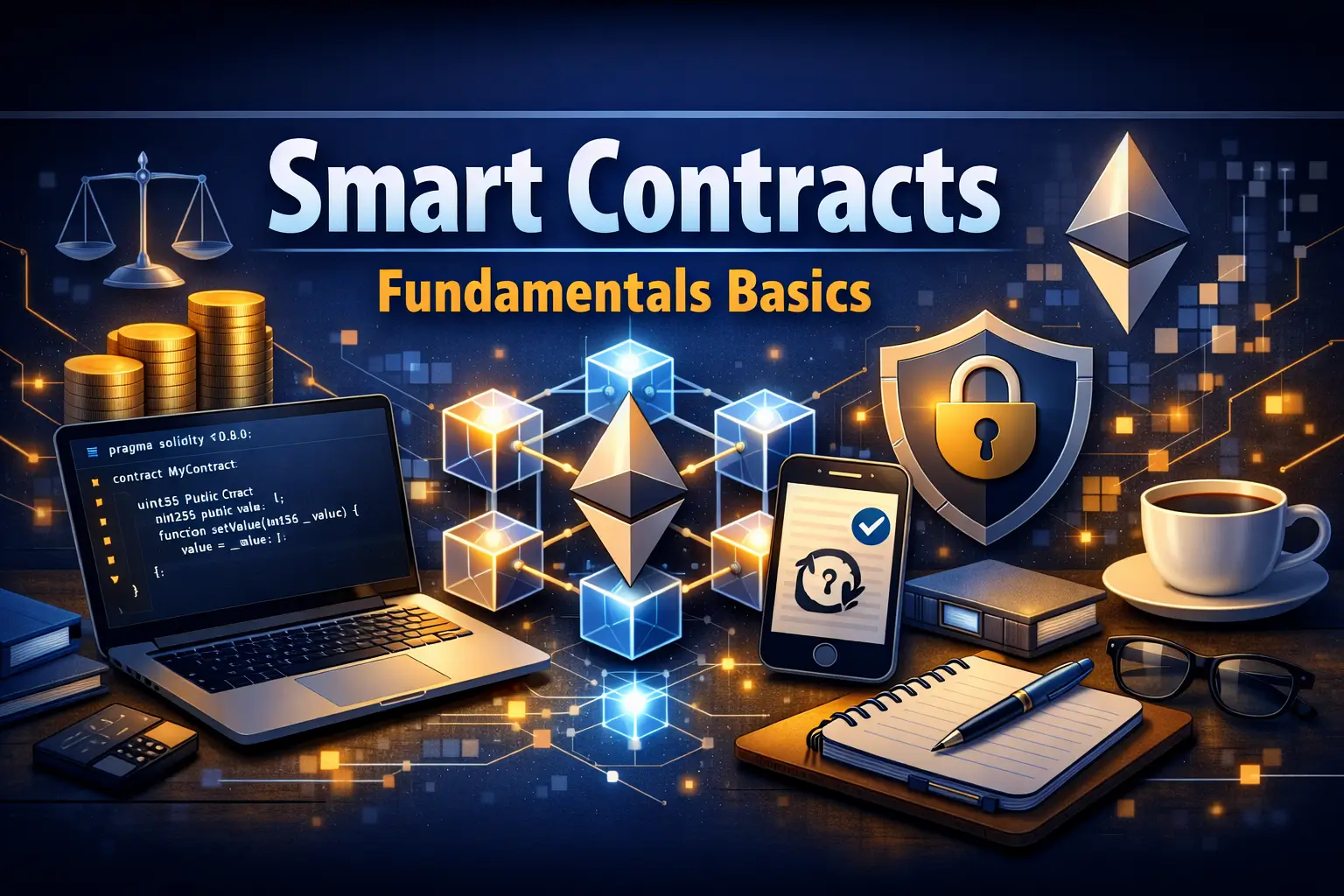 Smart Contracts Fundamentals Basics course image with blockchain, Ethereum, and coding visuals
