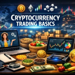 Professional e-learning image showing Cryptocurrency Trading Basics charts and digital currency visuals