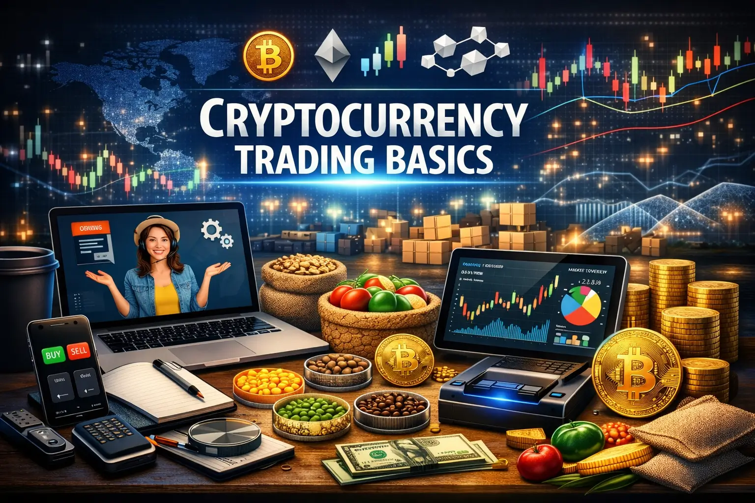 Professional e-learning image showing Cryptocurrency Trading Basics charts and digital currency visuals