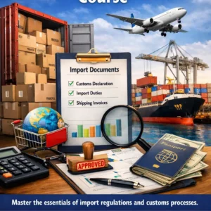 Shipping containers, import documents, cargo ship, and airplane
