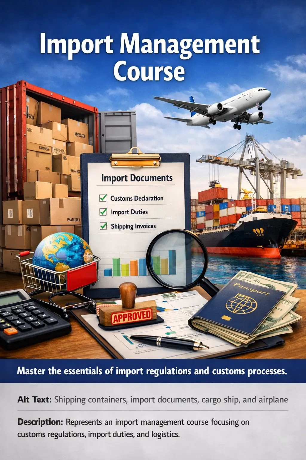 Shipping containers, import documents, cargo ship, and airplane