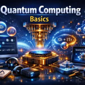 Quantum Computing Basics course visual with quantum circuits and futuristic technology elements