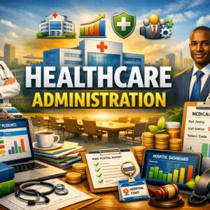 High-quality educational course image for Healthcare Administration with hospital management and leadership visuals.