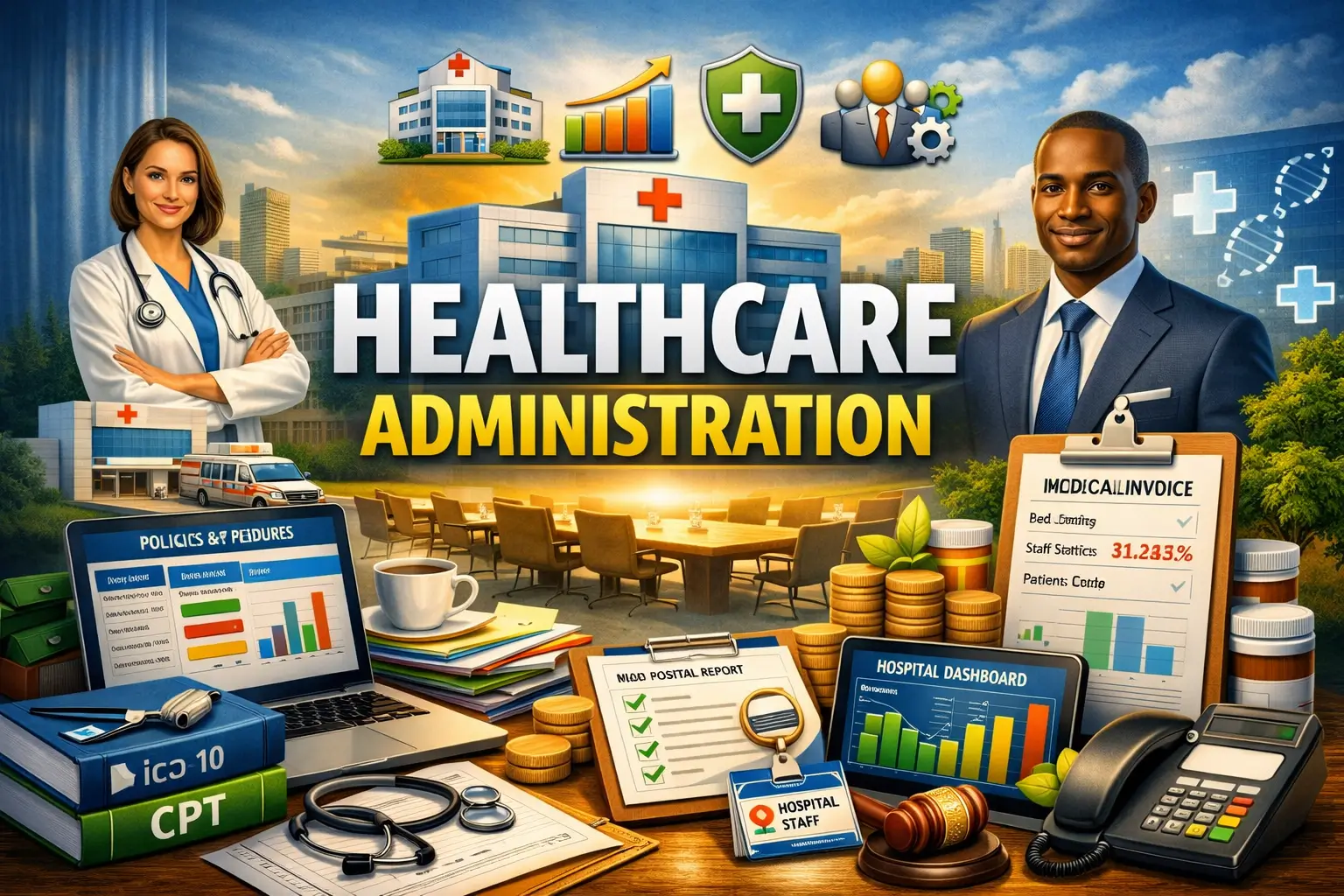 High-quality educational course image for Healthcare Administration with hospital management and leadership visuals.