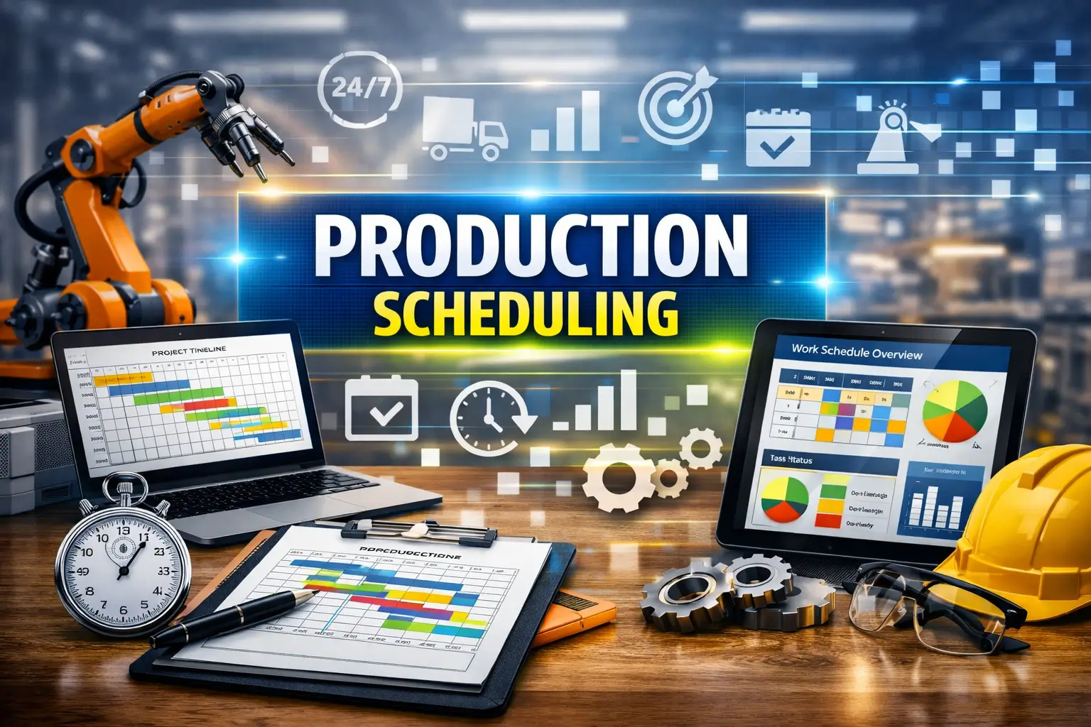 Modern e‑learning image showing Production Scheduling course visuals