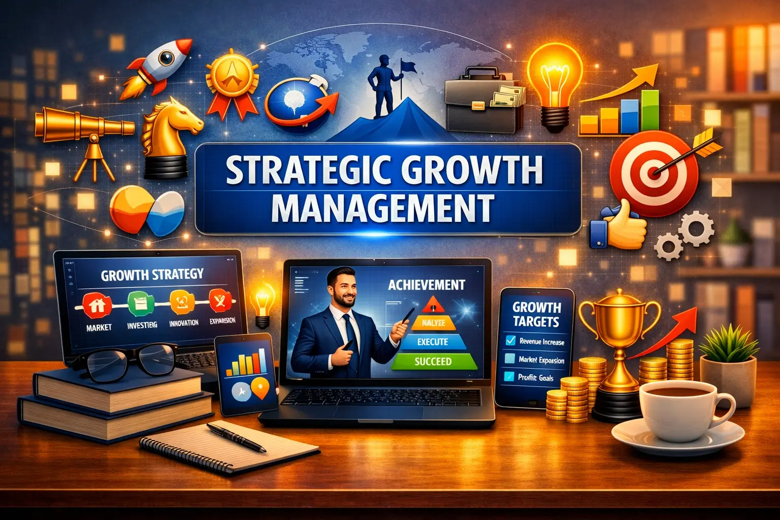 Modern educational image for Strategic Growth Management course with business growth and strategy visuals