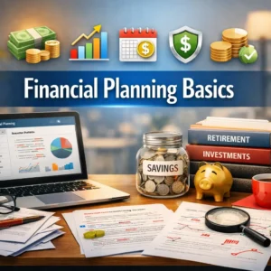 High-quality educational course image showing Financial Planning Basics with savings and investment visuals.