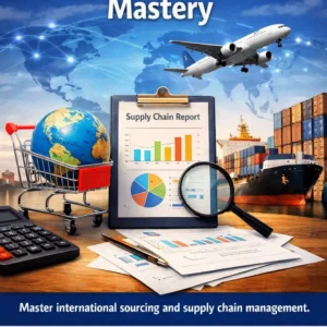 Globe in shopping cart, cargo ship, airplane, and supply chain report