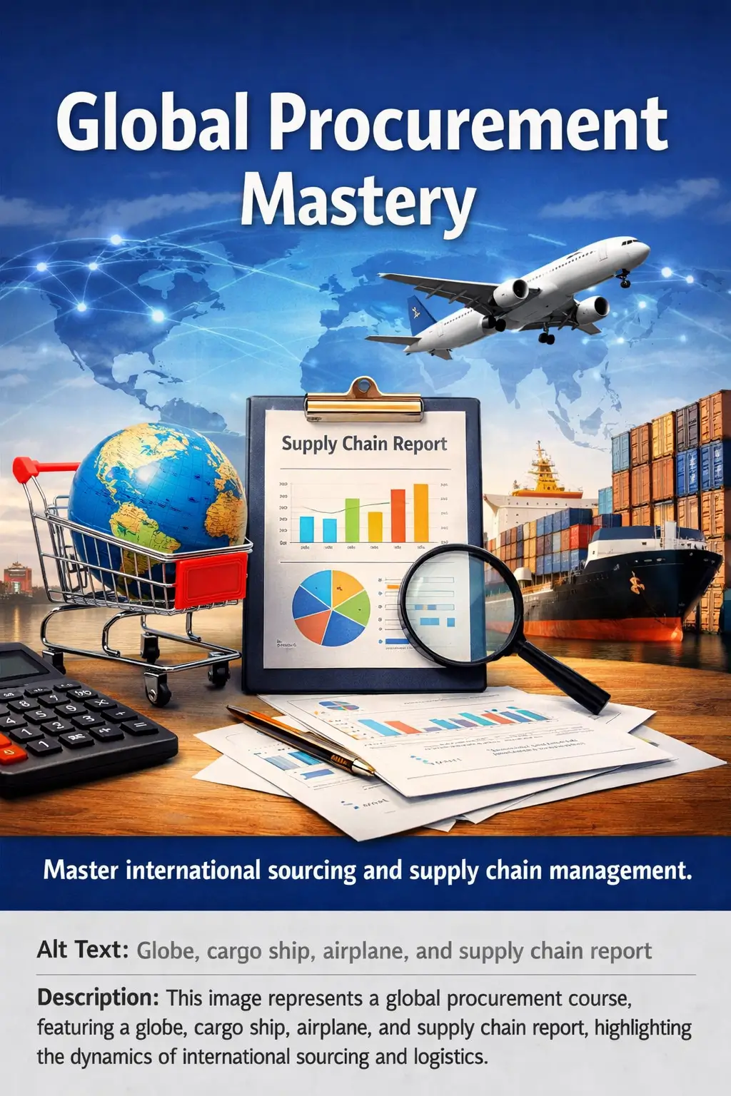 Globe in shopping cart, cargo ship, airplane, and supply chain report