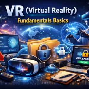 VR (Virtual Reality) Fundamentals Basics course visual with headset and immersive technology elements