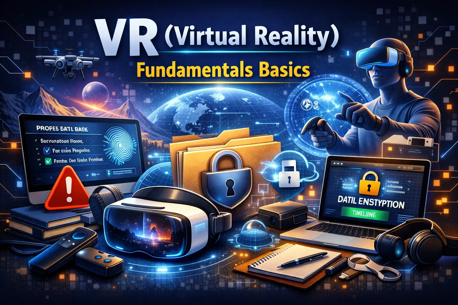 VR (Virtual Reality) Fundamentals Basics course visual with headset and immersive technology elements